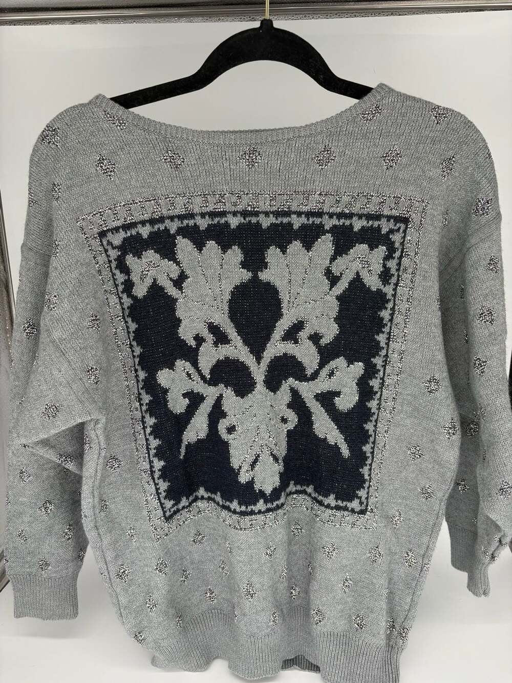Vintage Mondi West Germany Gray Metallic Lurex Baroque Fleur-de-Lis Sweater